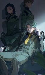 1girl 2boys armchair beard black_hair black_shirt black_sweater blazer blurry brown_hair chair challia_bull collared_shirt comoli_harcourt depth_of_field facial_hair green_eyes green_hair green_jacket green_pants gundam gundam_gquuuuuux highres jacket kitsune_(ly_howe) long_hair looking_at_viewer male_focus military_uniform multiple_boys mustache necktie pants plant shirt sitting smile standing sweater xavier_olivette yellow_necktie zeon