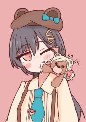1girl ;t amado_(amaddo_club) animal animal_ears animal_on_shoulder animalization bear bear_ears bear_hat blue_bow blue_necktie blush bow brown_hat ceras_yanagida_lilienfeld collared_shirt commentary dress_shirt grey_hair hair_ornament hair_ribbon hat hat_bow katsuragi_izumi katsuragi_izumi_(chara_dolce) link!_like!_love_live! long_sleeves love_live! motion_lines necktie official_alternate_costume one_eye_closed orange_eyes pink_ribbon ribbon shirt sound_effects symbol-only_commentary tie_clip triangle_hair_ornament upper_body v-shaped_eyes virtual_youtuber wolf_cut yellow_shirt