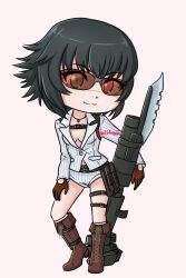 Rule 34 | 1girl, aii taii, black hair, boots, commission, deformed, devil may cry, devil may cry (series), devil may cry 4, gloves, highres, holding, holding rocket launcher, holding weapon, jacket, jewelry, kalina ann (weapon), lady (devil may cry), necklace, no bra, rocket launcher, scar, scar on face, scar on nose, shorts, signature, smile, thigh strap, tinted eyewear, weapon, white jacket, white shorts