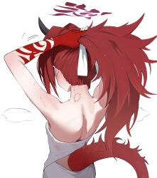 1girl absurdres adjusting_hair ammak arms_behind_head arms_up back bare_arms bite_mark bite_mark_on_neck black_horns blue_archive blush colored_extremities commentary_request dragon_tail facing_away from_behind halo hand_in_own_hair hands_in_hair highres holding holding_own_hair horns long_hair naked_towel nape ponytail red_hair red_halo red_hands renge_(blue_archive) simple_background single_horn solo sweat tail towel tying_hair white_background
