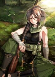 1girl ahoge arm_at_side arm_support armor baggy_pants bandaged_arm bandaged_hand bandages bandana bandana_around_neck bare_shoulders black_armor breasts brown_eyes brown_hair clothing_request elbow_rest fate/grand_order fate_(series) feet_out_of_frame game_cg green_bandana green_pants green_sash gun hair_between_eyes hair_ribbon hip_vent japanese_armor japanese_clothes knee_up long_hair_between_eyes looking_to_the_side medium_breasts medium_hair multiple_scars musket official_art pants parted_lips ponytail ribbon rifle sandals sash scar scar_on_arm scar_on_face scar_on_neck scar_on_nose scar_on_shoulder sideboob sideless_outfit sidelocks sitting smile solo sugitani_zenjubou_(fate) sugitani_zenjubou_(third_ascension)_(fate) suneate takenaka_hideo tassel third-party_source toes tomboy waist_sash weapon white_ribbon