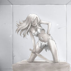 1girl breasts contrapposto hand_on_own_hip highres holding holding_sword holding_weapon long_hair medium_breasts navel original pedestal petrification solo sword torn_clothes user_cshg4353 weapon