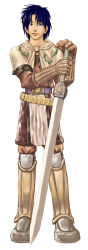 Rule 34 | 1boy, belt, blue eyes, blue hair, brown gloves, brown shirt, brown shorts, capelet, closed mouth, commentary request, full body, gloves, highres, holding, holding sword, holding weapon, lips, long sleeves, looking at viewer, male focus, muiro, purple belt, ragnarok online, shirt, short hair, shorts, simple background, smile, solo, standing, sword, swordsman (ragnarok online), weapon, white background, white capelet