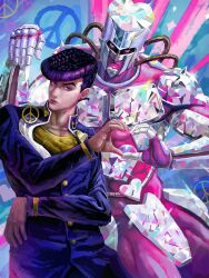Rule 34 | 1boy, abstract background, anchor ornament, armor, buttons, closed mouth, colored skin, colorful, crazy diamond, diamond wa kudakenai, formal clothes, gakuran, heart, heart hands, heart ornament, helmet, higashikata josuke, highres, jacket, jojo no kimyou na bouken, pauldrons, peace symbol, pink skin, pompadour, purple eyes, purple gakuran, purple hair, school uniform, shiny clothes, shirt, shoulder armor, stand (jojo), suit, suit jacket, yanmanxplore, yellow shirt