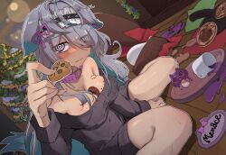 1girl @_@ animal_collar bite_mark bite_mark_on_breast black_hairband blush breasts character_name christmas_ornaments christmas_tree cleavage closed_mouth coffee_mug collar colored_inner_hair colored_tips cookie covered_navel cup dress eyes_visible_through_hair food food_between_breasts frilled_hairband frills grey_dress grey_hair hair_over_one_eye hairband highres holding holding_cookie holding_food indie_virtual_youtuber long_hair menace_mamaki mole mole_on_breast mug multicolored_hair name_tag off-shoulder_dress off_shoulder purple_collar purple_eyes second-party_source spill sweater sweater_dress tearing_up thomas_(aoakumasan) tinsel virtual_youtuber wooden_floor