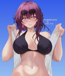 1girl absurdres artist_name bare_shoulders bikini blue_sky blush breasts commission eyewear_on_head glasses highres honkai:_star_rail honkai_(series) kafka_(honkai:_star_rail) linea_alba nau_aru navel purple_eyes purple_hair sky solo spider_web_print swimsuit towel