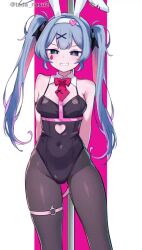 1girl :d animal_ears animated arm_strap armpit_crease arms_behind_back bare_shoulders black_leotard black_pantyhose blue_eyes blue_hair bow bowtie clothing_cutout covered_navel cowboy_shot dancing detached_collar fake_animal_ears grin hair_intakes hair_ornament hairband hatsune_miku heart heart_cutout heart_hair_ornament highleg highleg_leotard highres legs_apart leotard long_hair looking_at_viewer multicolored_hair o-ring o-ring_thigh_strap open_mouth pantyhose pink_background pink_hair pink_pupils playboy_bunny pole pure_pure_(rabbit_hole) rabbit_ears rabbit_hole_(vocaloid) red_bow red_bowtie smile solo sound stomach_cutout stripper_pole tada_no_nasu tagme teardrop_facial_mark teeth thigh_strap thighs twintails twitter_username two-tone_hair v-shaped_eyebrows video vocaloid white_background white_hairband x_hair_ornament