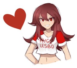 1girl breasts brown_hair closed_mouth clothes_writing collarbone crop_top cropped_torso funamusea gallaxi hair_between_eyes heart long_hair looking_at_viewer medium_breasts met_(funamusea) navel red_eyes red_sleeves shirt simple_background sketch smile solo teeth upper_body white_background white_shirt