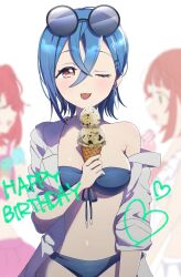 299_(horisso) 3girls ;p aiscream_(love_live!) bikini blue_bikini blush breasts commentary crossed_bangs eyewear_on_head food front-tie_bikini_top front-tie_top hair_between_eyes happy_birthday heart highres holding holding_food holding_ice_cream holding_ice_cream_cone ice_cream ice_cream_cone kurosawa_ruby lab_coat large_breasts long_sleeves looking_at_viewer love_live! love_live!_nijigasaki_high_school_idol_club love_live!_sunshine!! love_live!_superstar!! multiple_girls multiple_scoops one_eye_closed round_eyewear short_hair simple_background single_bare_shoulder single_off_shoulder solo_focus stomach sunglasses swimsuit tongue tongue_out uehara_ayumu wakana_shiki white_background