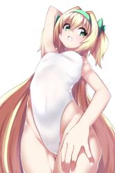 blazblue blonde_hair breasts green_eyes hairband hand_on_own_head heart heart-shaped_pupils highres kaname_nagi long_hair one-piece_swimsuit open_mouth platinum_the_trinity simple_background small_breasts solo swimsuit symbol-shaped_pupils twintails very_long_hair white_one-piece_swimsuit