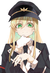 Rule 34 | 1girl, black jacket, black necktie, blonde hair, closed mouth, e sky rugo, girls&#039; frontline, gloves, hat, highres, jacket, jewelry, light smile, looking at viewer, military uniform, necktie, peaked cap, ring, single glove, solo, stg44 (girls&#039; frontline), upper body, wedding ring, white background, white gloves