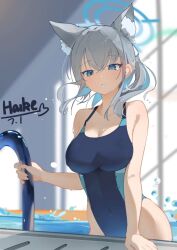 Rule 34 | 1girl, animal ear fluff, animal ears, black one-piece swimsuit, blue archive, blue eyes, breasts, competition swimsuit, covered navel, cross hair ornament, extra ears, grey hair, haike, hair ornament, halo, indoors, low ponytail, medium breasts, medium hair, mismatched pupils, multicolored swimsuit, official alternate costume, one-piece swimsuit, ponytail, pool ladder, poolside, shiroko (blue archive), shiroko (swimsuit) (blue archive), solo, swimsuit, water, wolf ears