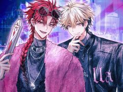 2boys black_hair black_jacket black_shirt blonde_hair braid braided_ponytail earrings eyebrow_piercing eyewear_on_head fangs folded_fan folding_fan fur_jacket hand_fan hand_on_own_chin hand_up highres holding holding_fan jacket jewelry leather leather_jacket long_hair looking_at_viewer male_focus multicolored_hair multiple_boys necklace official_alternate_costume open_mouth piercing pink_jacket red_eyes red_hair shiguang_dailiren shirt short_hair single_braid smile sunglasses turtleneck twitter_username upper_body xia_fei xiao_weiying yellow_eyes yuxianchen