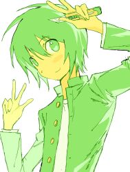Rule 34 | 1boy, 97ttwwaazz, absurdres, boxcutter, double v, gakuran, green eyes, green hair, green theme, highres, holding, holding boxcutter, looking at viewer, male focus, randal&#039;s friends, school uniform, short hair, simple background, solo, tsukada satoru, v, white background