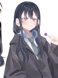 1girl black_hair black_jacket blush candy food grey_necktie hair_between_eyes headphones headphones_around_neck highres holding holding_candy holding_food holding_lollipop ichinose_uruha jacket lollipop long_hair lupinus_virtual_games multicolored_hair necktie parted_bangs purple_eyes shirt shumpi simple_background sketch solo streaked_hair upper_body virtual_youtuber vspo! white_background white_shirt