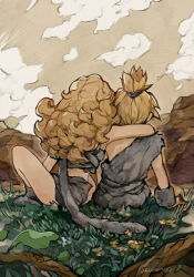 1boy 1girl arms_on_another&#039;s_shoulder artist_name ayla_(chrono_trigger) caveman cavewoman chrono_trigger cloud commentary_request couple from_behind grass hetero highres kino_(chrono_trigger) long_hair outdoors ponytail short_hair short_ponytail sitting sky uzutanco wavy_hair