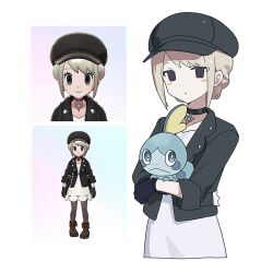 Rule 34 | 1girl, alternate color, alternate costume, alternate eye color, alternate hair color, alternate hairstyle, black choker, black eyes, black gloves, black jacket, blonde hair, blush, boots, choker, closed mouth, dress, fishnet pantyhose, fishnets, gen 8 pokemon, gloria (pokemon), gloves, hat, highres, holding, holding pokemon, jacket, long sleeves, looking at viewer, nintendo, open clothes, open jacket, oromnt, pantyhose, pokemon, pokemon (creature), pokemon swsh, short hair, smile, sobble, white dress