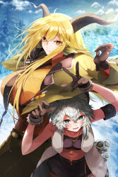 2girls absurdres animal_ear_fluff animal_ears arknights armband arms_up asymmetrical_sidelocks bandeau bare_shoulders black_armband black_bandeau black_gloves black_necktie black_shorts blonde_hair blue_sky blush breasts brown_horns cliffheart_(arknights) cloud collarbone collared_shirt commentary_request cowboy_shot crossed_bangs degenbrecher_(arknights) fangs fangs_out gloves goat_ears goat_girl goat_horns green_jacket green_pants grey_eyes grey_hair hair_between_eyes highres horns igasamon jacket jewelry kjerag_logo large_breasts leopard_ears leopard_tail long_hair long_sleeves looking_at_another medium_breasts midriff military_jacket multiple_girls navel necklace necktie no_headwear open_clothes open_jacket open_mouth orange_shirt outdoors pants parted_lips shirt short_hair short_shorts shorts sidelocks sky sleeveless_duster snow snow_leopard_ears snow_leopard_girl snow_leopard_tail spotted_tail standing tail v very_long_hair white_armband yellow_eyes