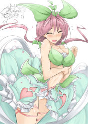 10s 1girl blush bow closed_eyes gran_(granblue_fantasy) granblue_fantasy hair_bow heart highres leaf leaf_on_head midriff momio monster_girl nezahualpilli open_mouth plant_girl purple_hair simple_background skirt solo_focus tears upset yggdrasil_(granblue_fantasy)