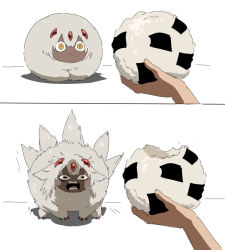 1girl 1other cat_loaf dark-skinned_female dark_skin faputa food full_body made_in_abyss monster_girl nori_(seaweed) onigiri open_mouth sharp_teeth teeth white_background xiaopizi32439 yellow_eyes