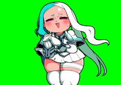 1girl blue_hair blush bombergirl border chigusa_(bombergirl) commentary_request cowboy_shot fang forehead gloves green_background half-closed_eyes long_hair looking_to_the_side miniskirt multicolored_hair open_mouth own_hands_together pink_eyes pleated_skirt shirt simple_background skirt smile solo split-color_hair sweatdrop thighhighs tonchamon_san very_long_hair white_border white_gloves white_hair white_shirt white_skirt white_thighhighs