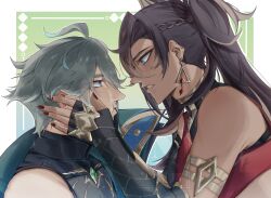 1boy 1girl 4reiji absurdres ahoge alhaitham_(genshin_impact) aqua_hair bandeau bare_shoulders black_bandeau black_gloves black_hair blonde_hair blonde_streaks blue_eyes blush border breasts dark-skinned_female dark_skin dehya_(genshin_impact) earrings fingerless_gloves gem genshin_impact gloves gold_trim green_background green_eyes green_gemstone grey_hair hair_between_eyes hands_on_another&#039;s_cheeks hands_on_another&#039;s_face highres jewelry large_breasts long_hair looking_at_another multicolored_hair parted_lips profile red_bandeau red_gemstone red_nails short_hair teeth triangle_earrings two-tone_bandeau two-tone_hair upper_body usekh_collar watermark white_border yellow_pupils
