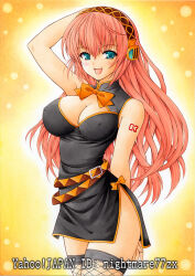 Rule 34 | 1girl, aqua eyes, bare shoulders, blush, breasts, cleavage, dress, hair ornament, headphones, long hair, looking at viewer, marker (medium), megurine luka, nightmare77zx, open mouth, pink hair, ribbon, skirt, smile, solo, thighhighs, traditional media, twintails, very long hair, vocaloid