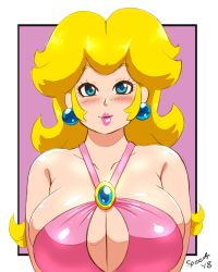 1girl artist_name bare_shoulders black_border blonde_hair blue_eyes blush border breasts brooch bursting_breasts cleavage cleavage_cutout closed_mouth clothing_cutout collarbone dated dress earrings eyelashes female_focus halter_dress halterneck highres huge_breasts jewelry lips long_hair looking_at_viewer mario_(series) nintendo pink_background pink_dress pink_lips princess_peach shiny_skin signature sleeveless smile solo speeds super_mario_bros._1 upper_body white_border