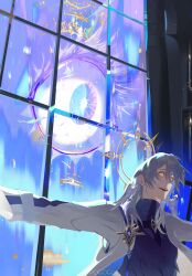 1boy :d absurdres artist_name badge black_vest blue_shirt candle constricted_pupils disembodied_eye evil_smile eye_symbol feather_trim gloves grey_hair hair_between_eyes halo halo_behind_head head_wings highres honkai:_star_rail honkai_(series) jacket long_sleeves looking_ahead male_focus medium_hair muntins open_clothes open_jacket open_mouth outstretched_arms piercing pogogu shirt smile solo spiked_halo spread_arms sunday_(honkai:_star_rail) teeth turtleneck upper_body upper_teeth_only vest white_gloves white_jacket white_wings window wing_piercing wings yellow_eyes