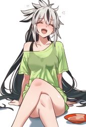 1girl absurdres alcohol black_hair blush breasts closed_eyes crossed_legs cup ebora fate/grand_order fate_(series) green_shirt highres long_hair medium_breasts multicolored_hair nagao_kagetora_(fate) open_mouth ponytail sakazuki sake shirt short_sleeves smile solo two-tone_hair uesugi_kenshin_(fate) very_long_hair white_hair