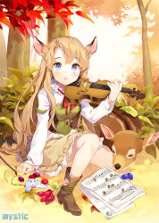 1girl animal animal_ears autumn_leaves berry blonde_hair blue_eyes boots bow_(music) bush crotchet_rest deer deer_ears deer_girl female_focus gilse instrument leaf long_hair long_sleeves musical_note nature ocarina original quaver sheet_music sitting skirt solo tree violin