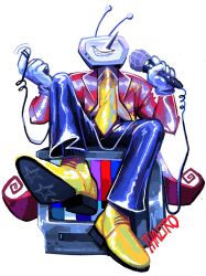 1boy ant_tenna artist_name black_pants commentary deltarune english_commentary full_body grin highres holding holding_microphone jacket male_focus microphone necktie object_head open_clothes open_jacket pants pointy_nose red_jacket shirt shoes simple_background smile solo tailcoat teeth television thaltro white_background white_shirt yellow_necktie yellow_shoes