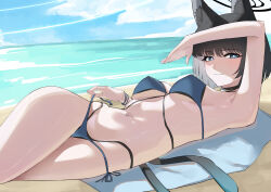 1girl absurdres adjusting_clothes adjusting_swimsuit animal_ear_fluff animal_ears beach bikini black_eyes black_hair blue_archive blue_bikini cat_ears cat_girl cat_tail closed_mouth covered_erect_nipples crossed_legs highres katagiri_nanoka kikyou_(blue_archive) kikyou_(swimsuit)_(blue_archive) looking_at_viewer multiple_tails navel ocean official_alternate_costume short_hair smile solo stomach swimsuit tail two_tails
