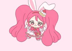 Rule 34 | 1girl, absurdly long hair, animal ears, animal shoes, big hair, boots, bow, bow skirt, bowtie, brooch, cake, chibi, closed mouth, cure whip, dot nose, earrings, extra ears, eyelashes, floppy ears, food, food-themed clothes, food print, frilled skirt, frilled sleeves, frills, fruit, fruit print, gloves, hairband, happy, high-waist skirt, ichigo usuhana, jewelry, kirakira precure a la mode, knee boots, layered skirt, light blush, long hair, magical girl, miniskirt, outstretched arms, pink background, pink bag, pink boots, pink bow, pink bowtie, pink eyes, pink hair, pink vest, pom pom (clothes), pom pom earrings, precure, puffy short sleeves, puffy sleeves, rabbit ears, rabbit girl, red bow, red hairband, shirt, short sleeves, simple background, skirt, smile, solo, strawberry, strawberry brooch, strawberry print, strawberry shortcake, tareme, twintails, two-tone bag, usami ichika, very long hair, vest, white gloves, white shirt, white skirt, yellow background, yellow skirt