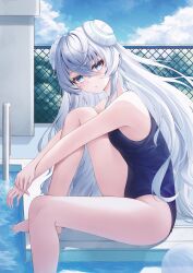 Rule 34 | 1girl, absurdres, bare arms, bare legs, bare shoulders, barefoot, blue eyes, blue one-piece swimsuit, breasts, closed mouth, commentary request, commission, counter:side, day, expressionless, from side, hair between eyes, headgear, highres, horizon (counter:side), hugging own legs, ichizon, knee up, korean commentary, long hair, looking at viewer, looking to the side, one-piece swimsuit, outdoors, outstretched arms, poolside, sitting, small breasts, solo, swimsuit, thighs, very long hair, water, white hair
