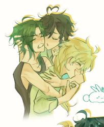 3boys aether_(genshin_impact) ahoge aqua_hair black_shirt blonde_hair blue_eyes blue_hair braid clenched_teeth closed_eyes commentary english_commentary genshin_impact grabbing_another&#039;s_head hand_on_another&#039;s_head highres hug hug_from_behind kiss long_hair male_focus milkymelonmilk multicolored_hair multiple_boys one_eye_closed shirt simple_background sleeveless sleeveless_shirt smile teeth twin_braids two-tone_hair upper_body venti_(genshin_impact) white_background xiao_(genshin_impact) yaoi yellow_eyes