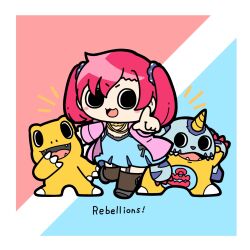 Rule 34 | 1girl, :3, agumon, black eyes, black thighhighs, blue background, blue camisole, camisole, chibi, digimon, digimon (creature), digimon story: cyber sleuth, full body, gabumon, garter straps, group picture, highres, horns, jacket, konpeitoull (c12h22o11 tr 6), lizard, pink jacket, pointing, pointing at viewer, red background, red hair, shiramine nokia, simple background, single horn, thighhighs, twintails