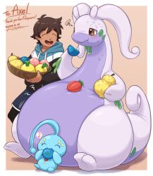 1boy axel_(poke789) blush border bowl brown_background brown_hair closed_eyes closed_mouth colored_skin commentary commission commissioner_name dated eating english_commentary english_text fat food full_body gen_6_pokemon gomuhimo_(nawataro) goodra highres holding holding_bowl large_tail long_sleeves musical_note nintendo open_mouth outside_border pokemon pokemon_(creature) purple_skin simple_background sitting skeb_commission speech_bubble spoken_musical_note squiggle sweat tail thick_thighs thighs white_border