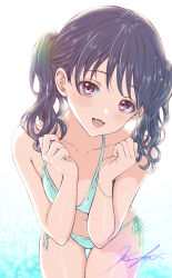 1girl bikini blush commentary_request fangs flat_chest fukumaru_koito highres idolmaster idolmaster_shiny_colors koya_(koya_x_00) leaning_forward long_hair looking_at_viewer open_mouth purple_eyes purple_hair red_eyes signature simple_background skin_fangs smile solo swimsuit twintails white_background white_bikini