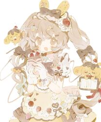 1girl :d blush bow bowtie brown_eyes brown_hair dress food food-themed_hair_ornament frills fruit gloves hair_bow hair_ornament hairclip highres holding long_hair looking_at_viewer memuro open_mouth original puffy_short_sleeves puffy_sleeves short_sleeves smile solo strawberry strawberry_hair_ornament twintails twitter_username white_background
