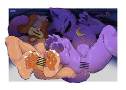 2boys animal_ears animal_penis anus artist_name bar_censor cat_boy cat_ears cat_tail catnap_(poppy_playtime) censored claws commentary_request crescent_moon dog_boy dog_ears dog_tail dogday_(poppy_playtime) fangs furry furry_male highres male_focus mixed-language_commentary moon multiple_boys open_mouth pawpads penis poppy_playtime saliva shota sleeping tail yrac zzz