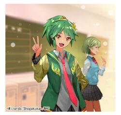 Rule 34 | 2girls, black skirt, blue vest, blurry, blurry background, chalkboard, chifuin gyai, classroom, closed eyes, copyright notice, dragon musume ni naritakunai!, duel masters, fang, from side, green hair, green jacket, hair ornament, hairclip, high ponytail, ichimaru kisuke, indoors, jacket, locker, long sleeves, looking at viewer, multiple girls, nagareboshi asche, necktie, official art, open clothes, open jacket, open mouth, orange eyes, outline, plaid clothes, plaid skirt, pointing, pointing up, ponytail, print jacket, red eyes, red necktie, red ribbon, ribbon, shirt, skirt, v, vest, white outline, white shirt, yellow eyes