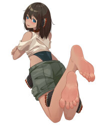 1girl absurdres barefoot black_hair blue_eyes blush feet highres long_hair looking_at_viewer looking_back lying nanase_young on_stomach open_mouth original soles toes white_background