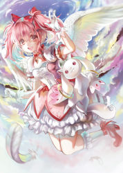 10s 1girl :d bow cloud cloudy_sky feathered_wings feathers flying full_body gloves hair_bow highres kaname_madoka kaname_madoka_(magical_girl) kyubey magical_girl mahou_shoujo_madoka_magica mahou_shoujo_madoka_magica_(anime) open_mouth pink_eyes pink_hair sky smile soul_gem syncaidia twintails wings