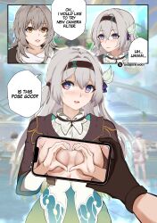 2girls absurdres aqua_dress aqua_skirt black_gloves black_jacket blue_pupils blush cellphone collar collared_dress covering_breasts covering_privates dress finger_heart firefly_(honkai:_star_rail) gloves gradient_hair grey_hair hair_between_eyes hair_intakes hair_ornament hair_ribbon hair_tie highres honkai:_star_rail honkai_(series) jacket kagurachi multicolored_eyes multicolored_hair multiple_girls open_mouth phone ribbon shirt skirt smartphone speech_bubble stelle_(honkai:_star_rail) teeth trailblazer_(honkai:_star_rail) twitter_username twitter_x_logo two-tone_eyes white_collar white_shirt