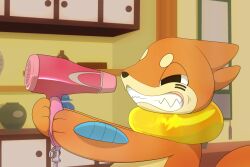 brown_fur buizel cupboard from_side gen_4_pokemon hair_dryer highres hirochanu0807 holding holding_hair_dryer indoors nintendo no_humans pokemon pokemon_(creature) solo teeth upper_body