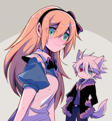 1boy 1girl ahoge alice_(alice_in_wonderland) alice_(alice_in_wonderland)_(cosplay) alice_in_wonderland animal_ears apron black_bow black_hairband black_jacket blazblue blonde_hair blue_dress bow cosplay dress fur_trim green_eyes grey_hair hair_bow hairband hands_in_pockets heterochromia highres jacket long_hair looking_at_viewer mako_gai mullet noel_vermillion ragna_the_bloodedge red_eyes short_hair smile tail white_hair wolf wolf_boy wolf_ears wolf_tail