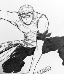 Rule 34 | 1boy, bandana around arm, closed eyes, commentary, earrings, goggles, goggles on head, greyscale, holding, holding sword, holding weapon, jewelry, male focus, monochrome, one piece, roronoa zoro, shina (ooo417ooo), short hair, simple background, smile, solo, sword, tank top, weapon