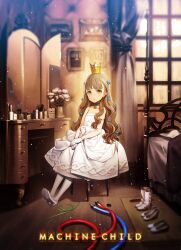 1girl bare_shoulders bed boots bow brown_hair cable chest_of_drawers child choker crown dress expressionless female_focus flat_chest florine_(machine_child) gloves green_eyes hair_bow high_heels indoors light_particles long_hair looking_at_viewer machine_child mirror multiple_hair_bows official_art on_chair ooyari_ashito parted_lips second-party_source shoes sitting solo unworn_shoes white_dress white_gloves window