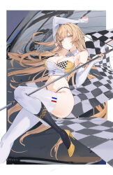 1girl absurdres blonde_hair breasts checkered_flag detached_collar elbow_gloves fingerless_gloves flag flantia foot_out_of_frame gloves high_heels highres holding holding_flag long_hair medium_breasts midriff navel original race_queen shoes solo thighhighs very_long_hair white_bustier white_gloves white_thighhighs yellow_shoes